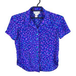 Womens Vintage Diane Gilman Purple Blue Abstract 100% Silk Blouse Button Up S